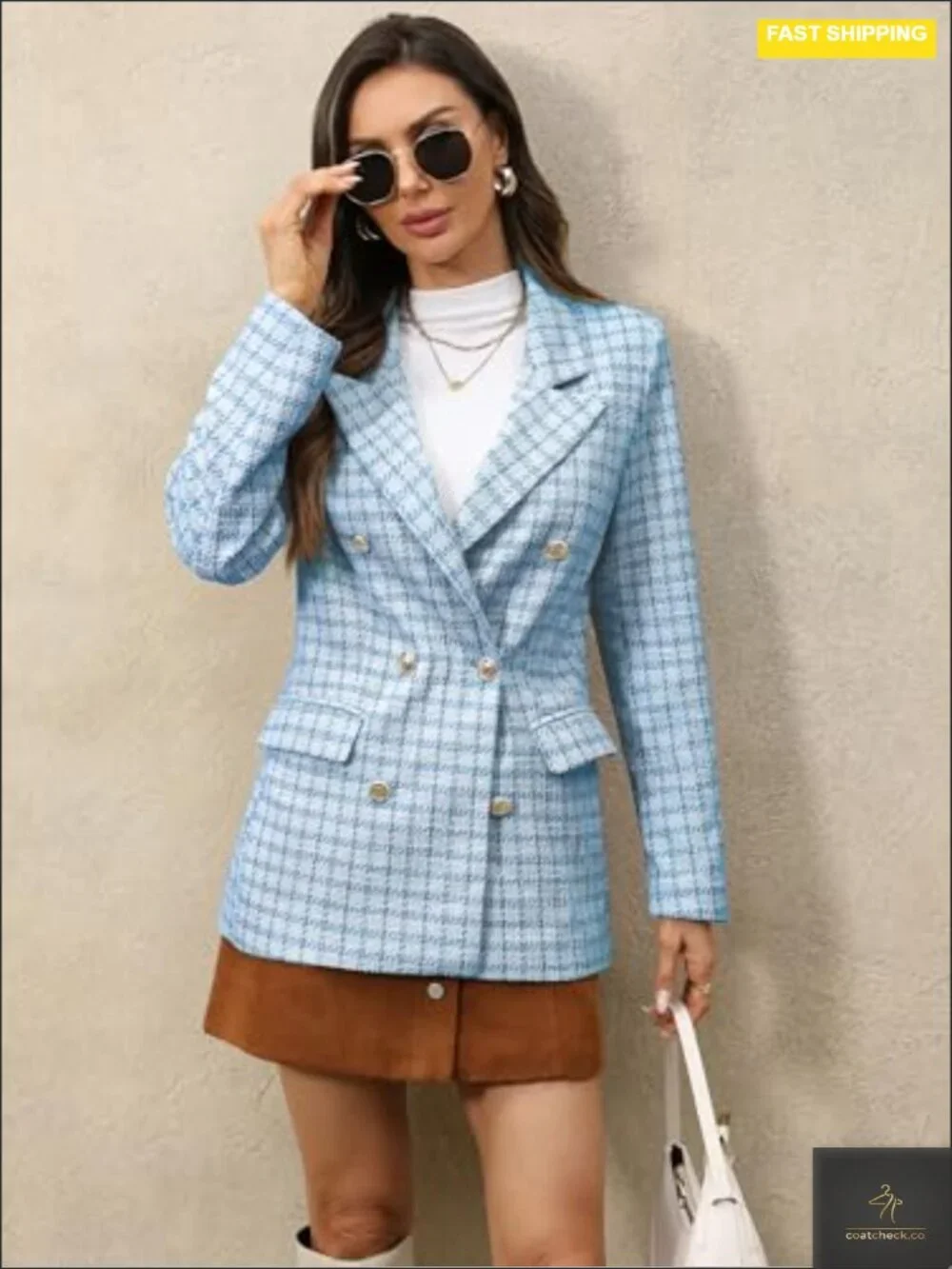 Women's Oversized Plaid Tweed Blazer Boyfriend Style Double Breasted